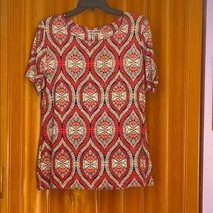JM Collection Red and Black Graphic Blouse Short Sleeve Relaxed Fit Size M